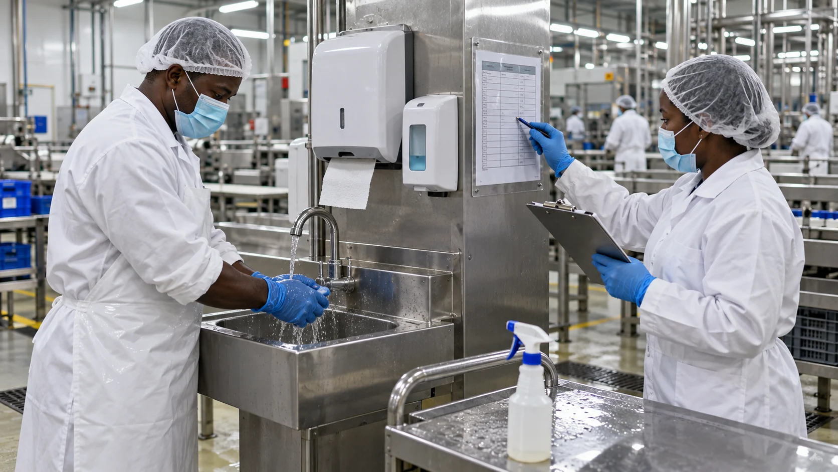 Concept image of food safety and hygiene work in a processing facility