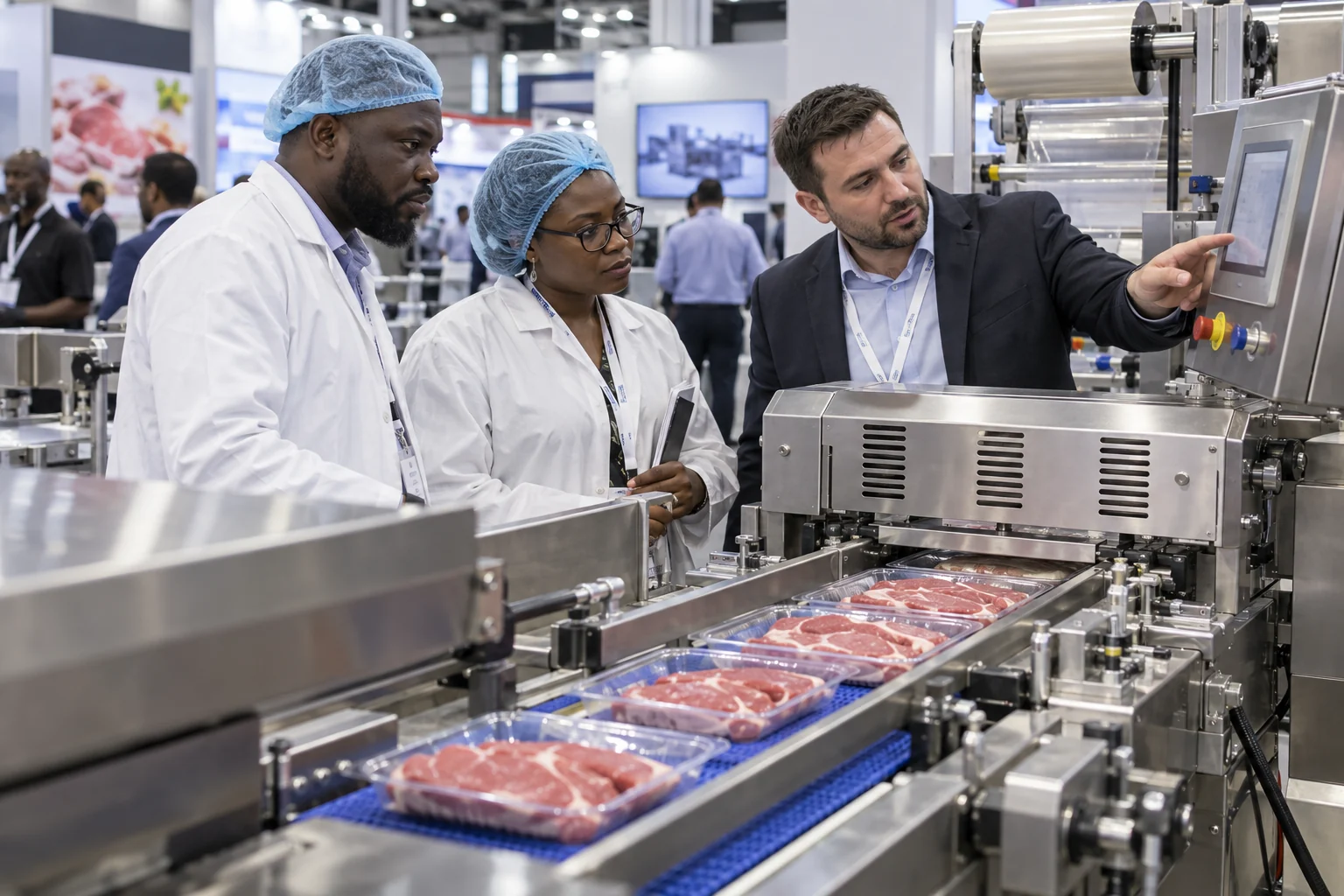 Concept image of equipment demonstration at a meat technology exhibition