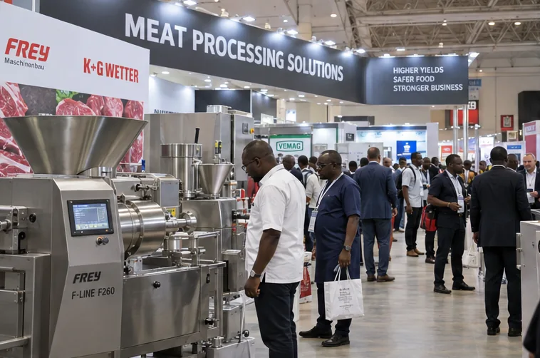 Trade visitors explore processing machinery at an exhibition