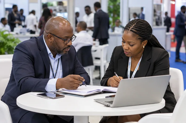 Two professionals plan a supplier meeting at a trade fair
