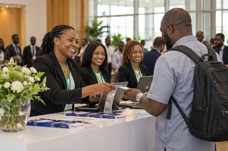 Visitor speaks with event registration staff at a trade show