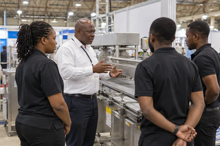 A specialist answers visitors’ questions beside machinery