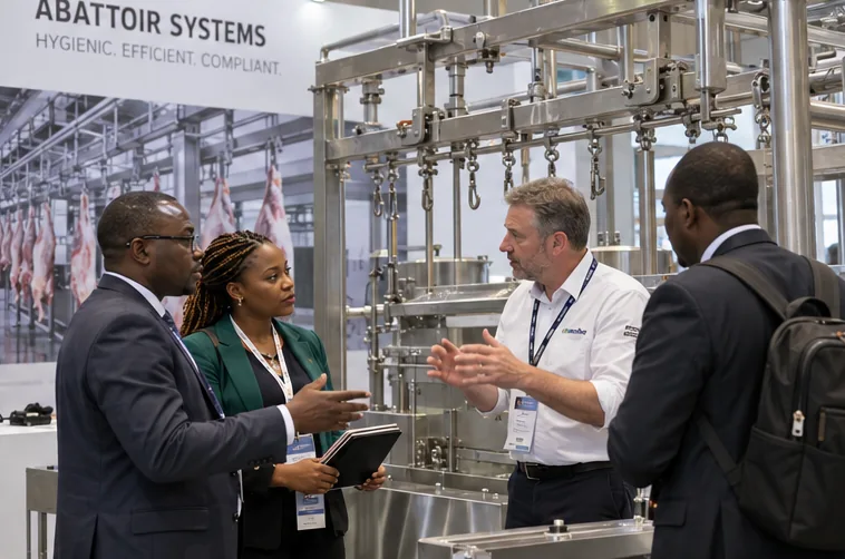 Engineers discuss overhead handling technology at an exhibition stand