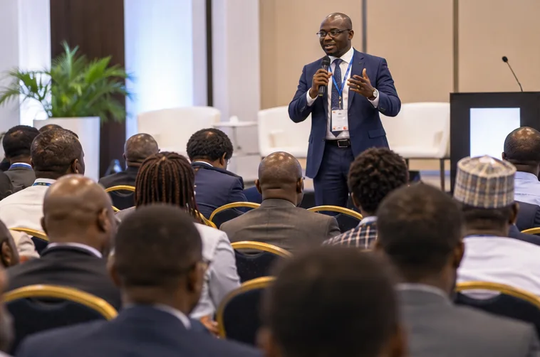 Speaker addresses a professional technology conference