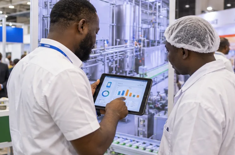 Two industry professionals discuss a technical enquiry at an expo