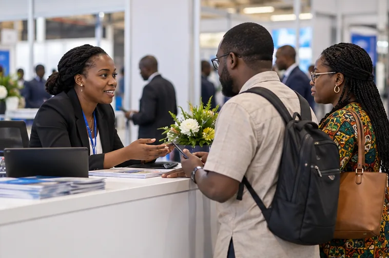 Exhibition team member welcomes visitors at an information desk