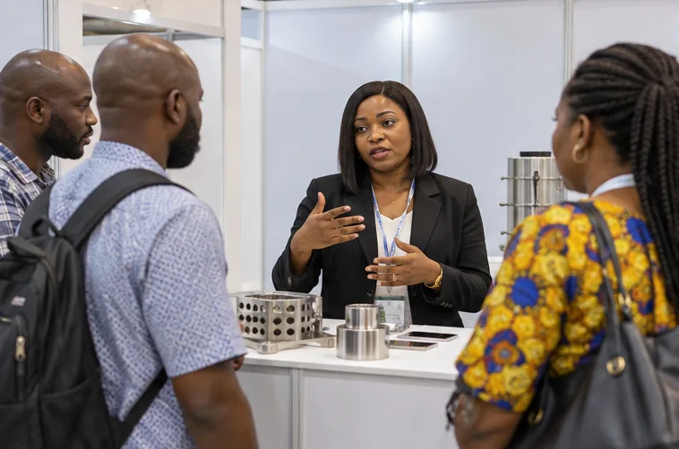 Supplier discusses a product sample at an exhibition stand