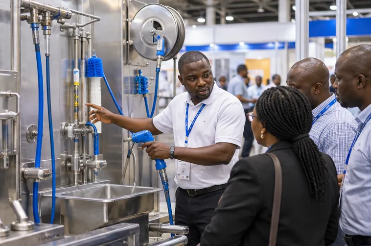 Specialist explains hygiene equipment to exhibition visitors