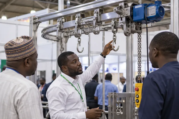 Visitors compare equipment at an exhibition stand