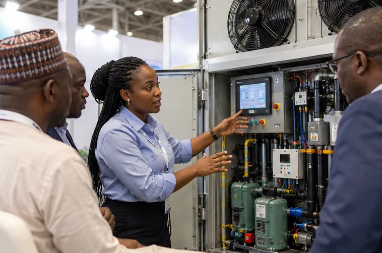 A specialist explains a refrigeration control system to visitors