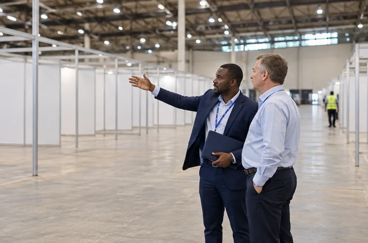 Exhibitor and organiser review empty exhibition stand positions