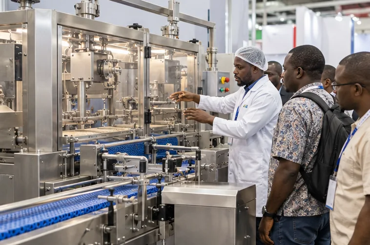A specialist demonstrates processing equipment to trade buyers