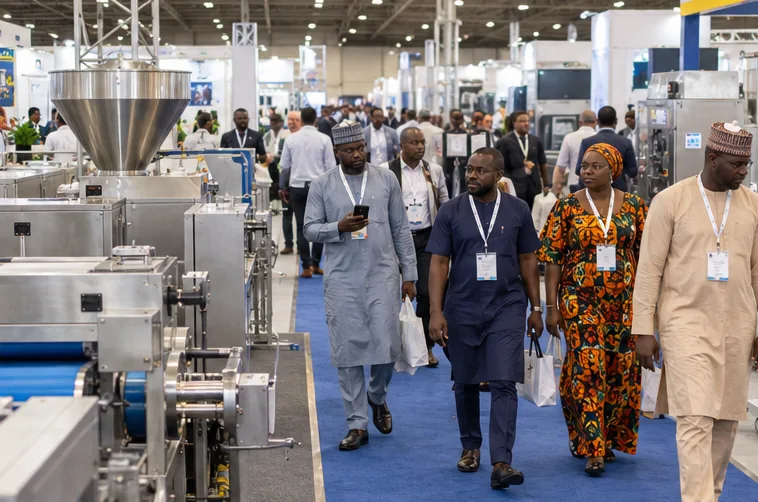 Visitors walk among industrial equipment displays at a trade fair