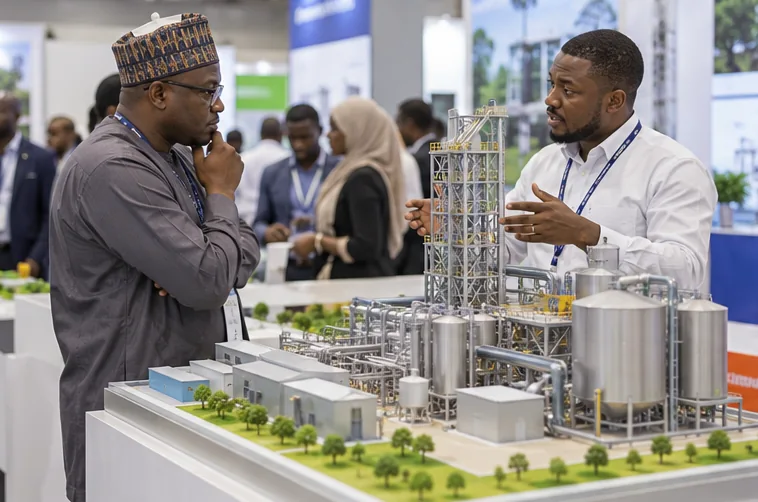 Buyer discusses a facility model with a supplier at an exhibition