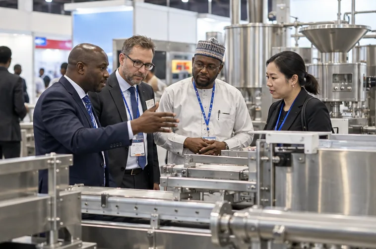 International delegates discuss machinery at a trade expo