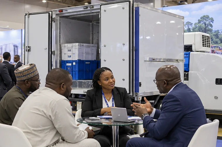 Trade professionals discuss a partnership at a show stand
