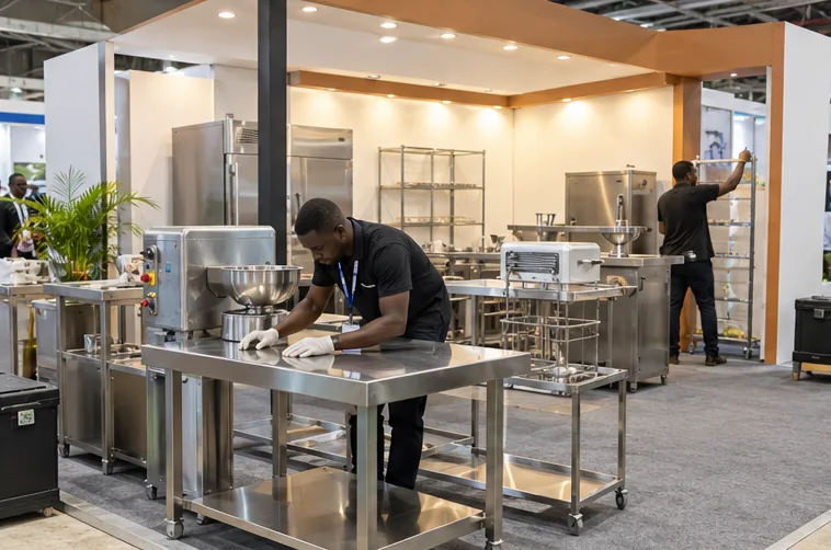 Exhibitor prepares stainless steel equipment on a stand
