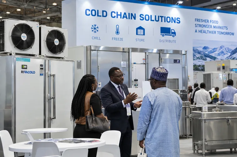 Buyers discuss refrigerated systems at a trade show