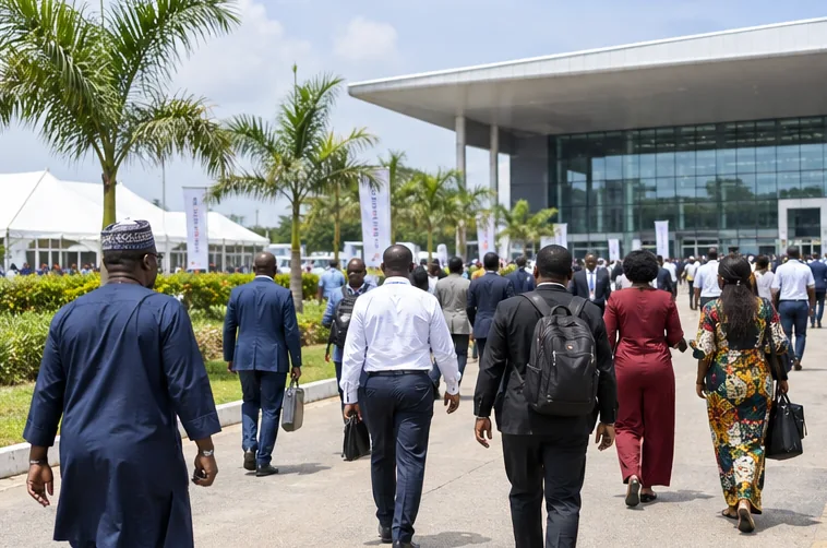 Trade visitors arrive at an exhibition venue