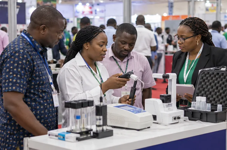 Visitors discuss their route through an exhibition hall