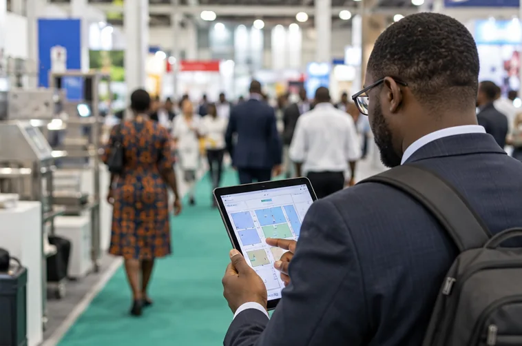 Trade visitor checks a digital hall guide at an exhibition