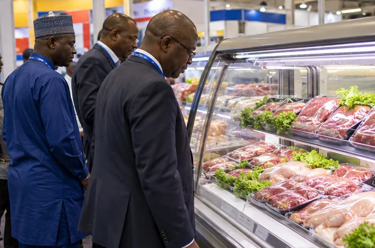 Visitors inspect refrigerated display equipment at a trade fair