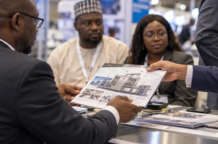 A visitor examines machinery information at an expo stand