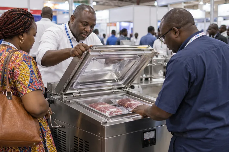 Exhibitor speaks with visitors at a trade show booth