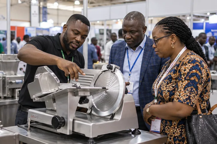 Industry professionals review a project at an expo meeting table