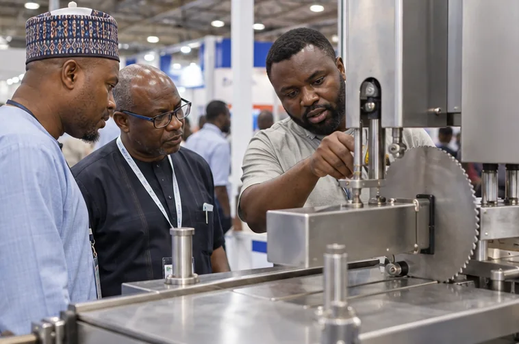 Specialist demonstrates a cutting machine to business visitors